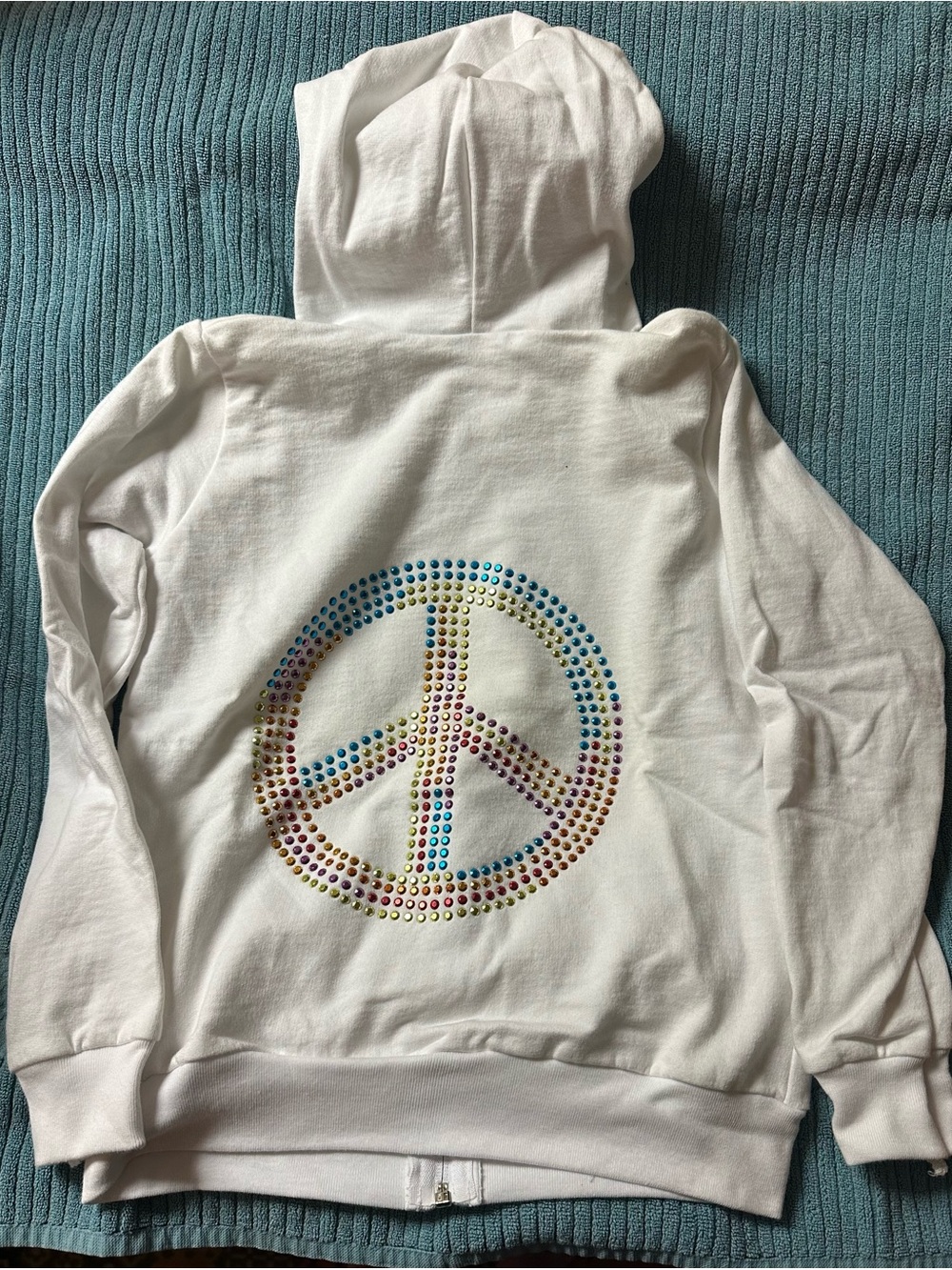 American Apparel White Kids zip Hoodie with Multicolor Peace Sign Rhinestones